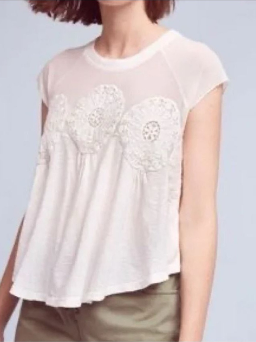 Anthropologie Meadow Rue White Crochet Mesh Cold Shoulder Boho Top L NWT